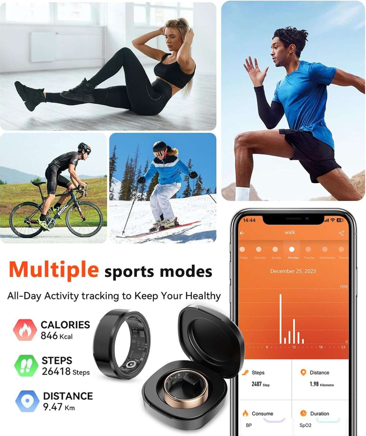 2025 Enhanced Smart Health Tracking Ring for Men and Women - IP68 Waterproof Fitness Tracker with Sleep Monitoring, Heart Rate, Blood Oxygen, Step Count, Distance, Calories, Air Shutter, and 7-Day Charging Case