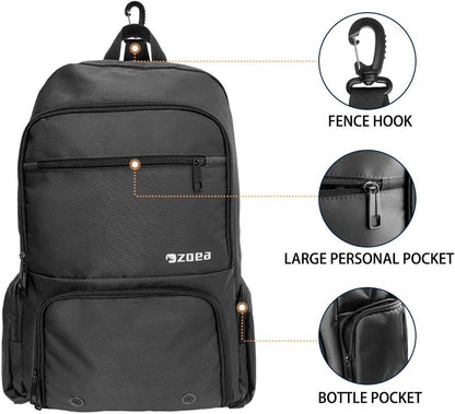 Professional Tennis and Pickleball Backpack with Ventilated Shoe Compartment and Two Drawstring Bags - Black