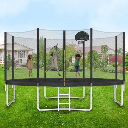Trampoline 14FT 16FT Trampoline for Kids and Adults with Basketball Hoop, Enclosure Net & Ladder 1500LBS ASTM Approved Outdoor Recreational Trampolines