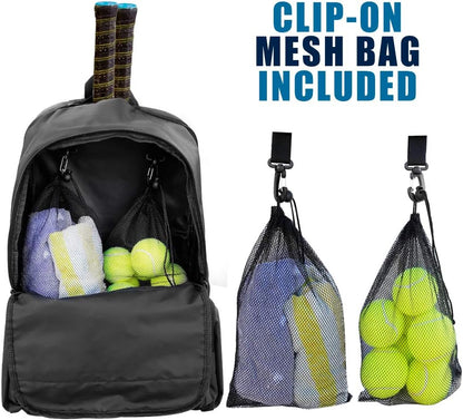 Professional Tennis and Pickleball Backpack with Ventilated Shoe Compartment and Two Drawstring Bags - Black