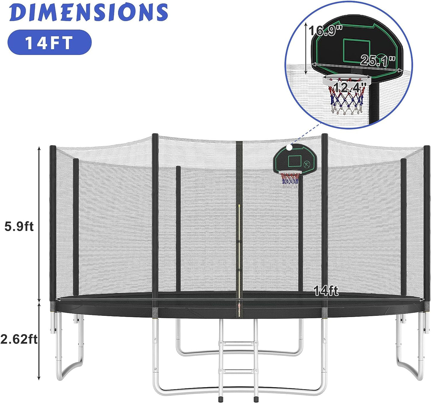 Trampoline 14FT 16FT Trampoline for Kids and Adults with Basketball Hoop, Enclosure Net & Ladder 1500LBS ASTM Approved Outdoor Recreational Trampolines