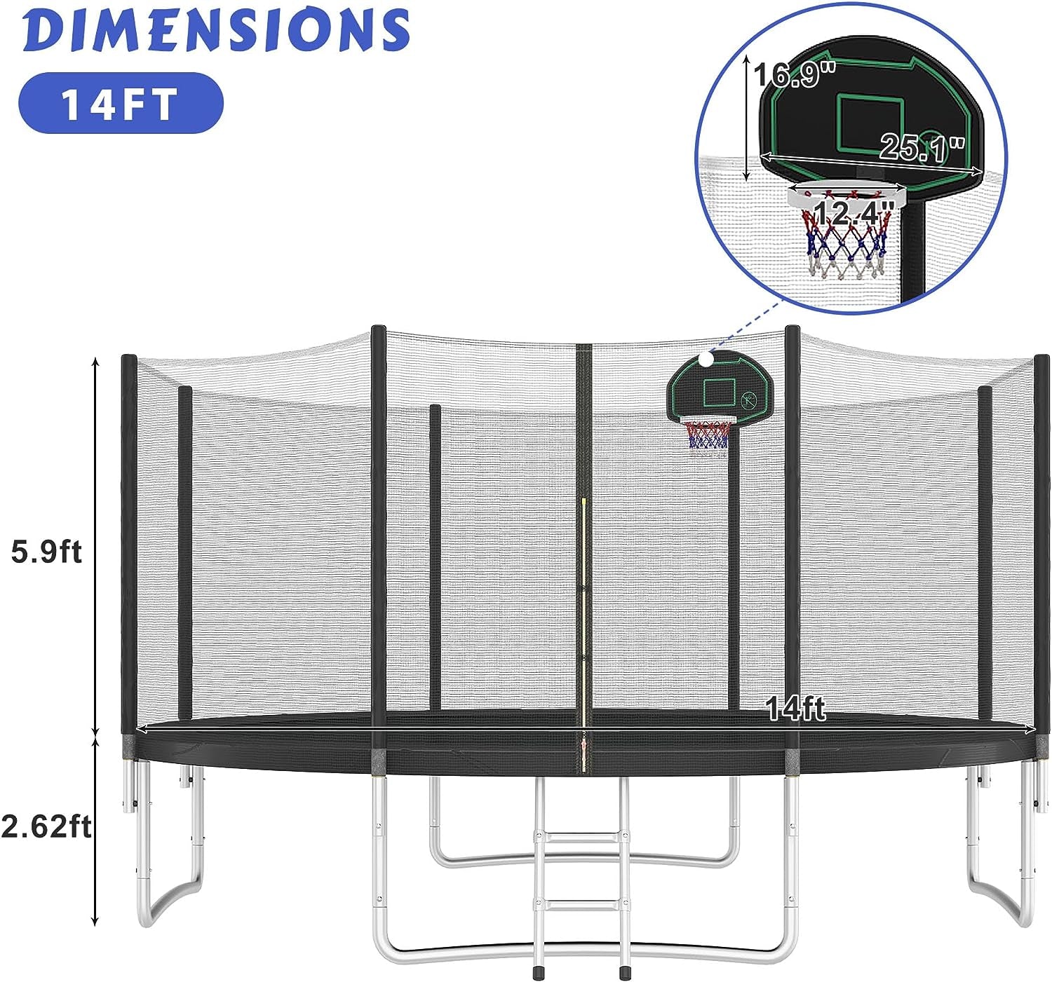 Trampoline 14FT 16FT Trampoline for Kids and Adults with Basketball Hoop, Enclosure Net & Ladder 1500LBS ASTM Approved Outdoor Recreational Trampolines
