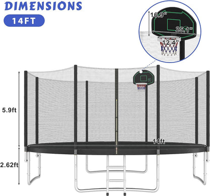 Trampoline 14FT 16FT Trampoline for Kids and Adults with Basketball Hoop, Enclosure Net & Ladder 1500LBS ASTM Approved Outdoor Recreational Trampolines