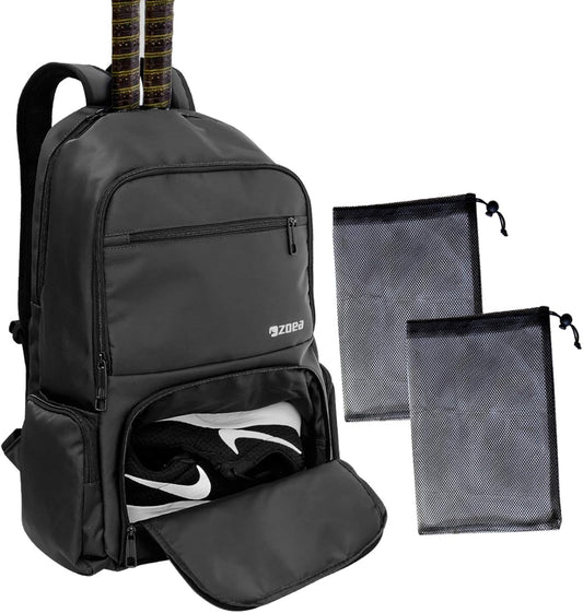 Professional Tennis and Pickleball Backpack with Ventilated Shoe Compartment and Two Drawstring Bags - Black